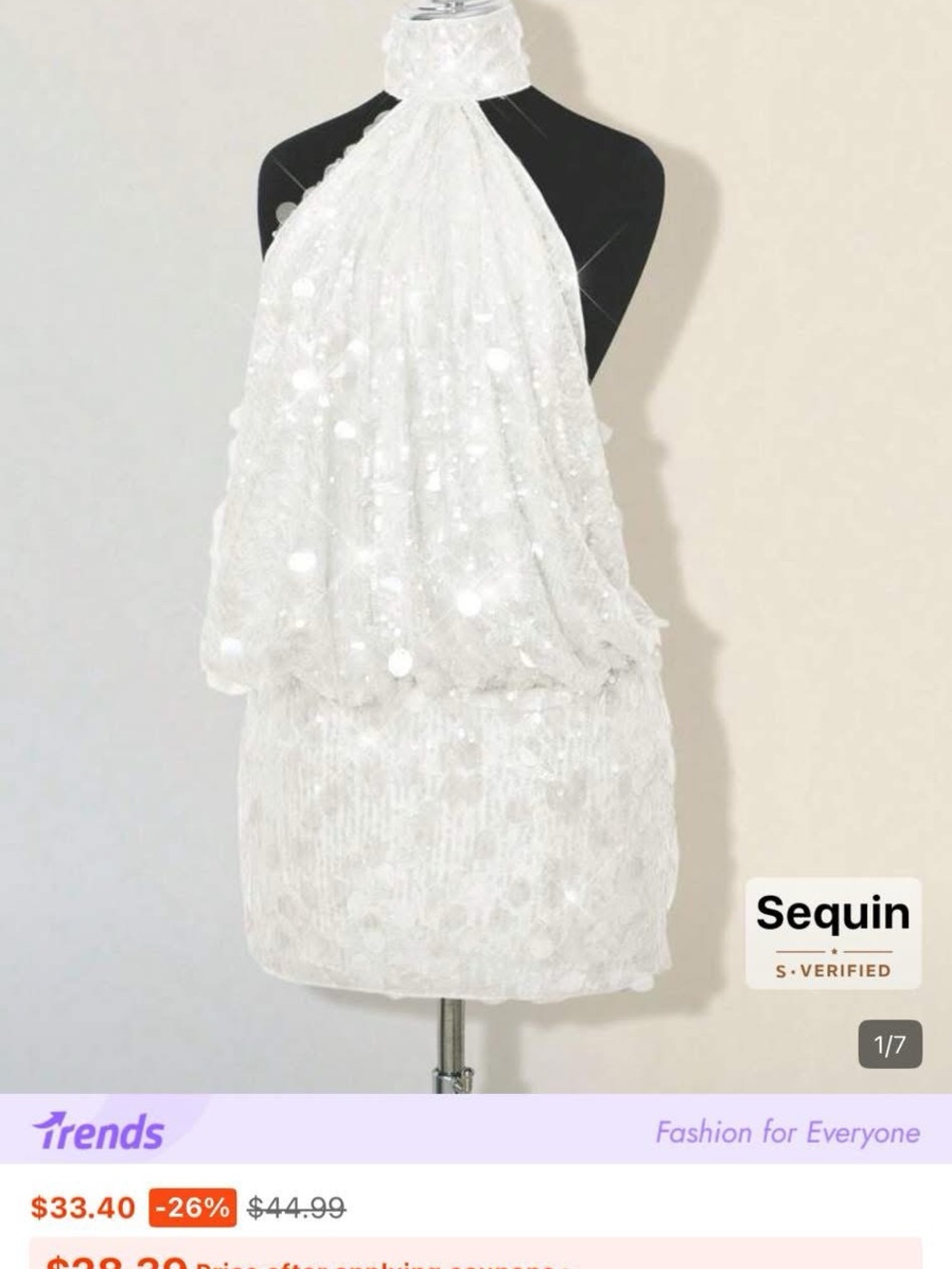 SHEIN White Sequin Halter Mini Dress with Draped Bodice SizeM